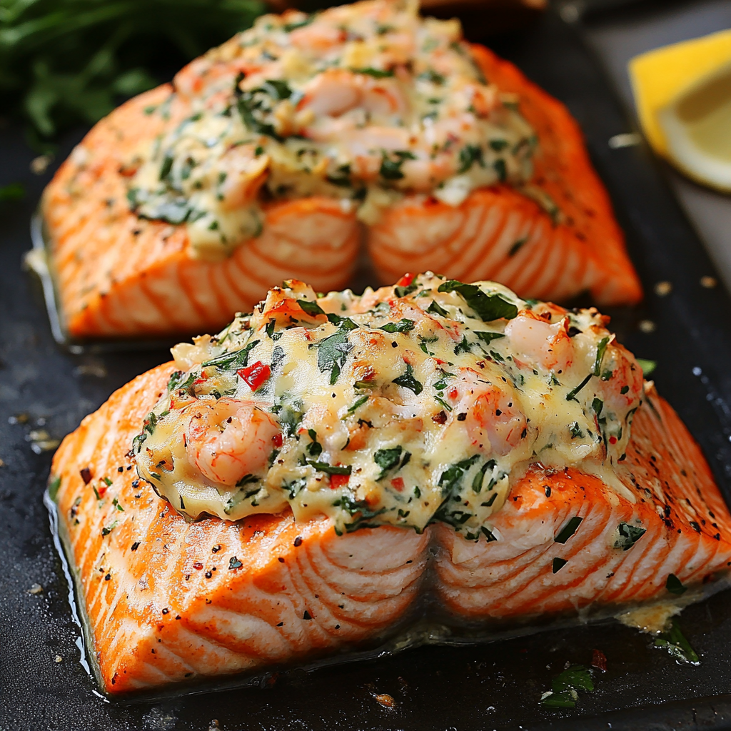 Crab and shrimp stuffed salmon