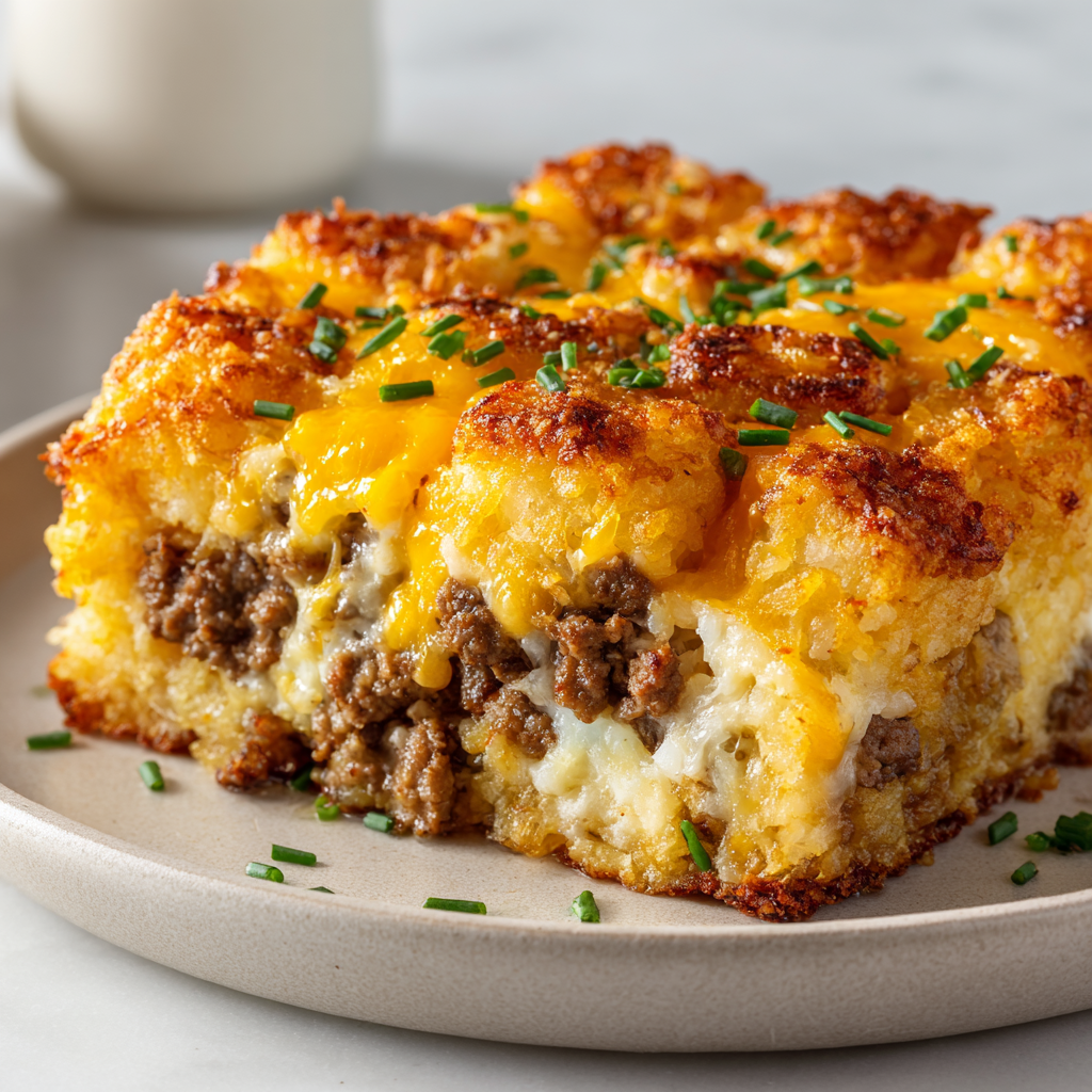 Main Meals 3 A serving of tater tot breakfast casserole with ground sausage, eggs, melted cheddar cheese, and chives on a plate.