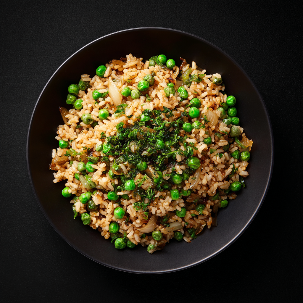 Main Meals 9 Easy egg fried rice made with fluffy rice, scrambled eggs, sweet green peas, and soy sauce for a quick dinner.