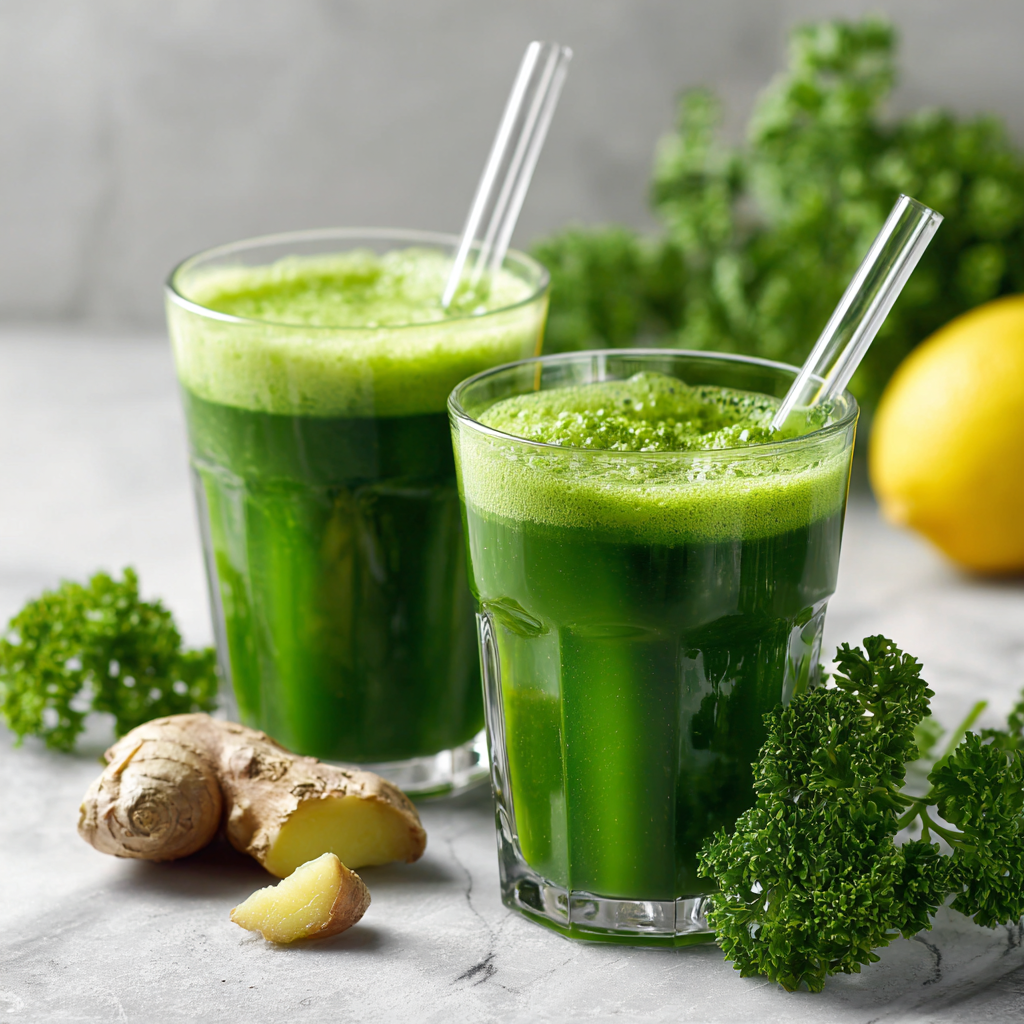 Green detox juice in a mason jar with leafy greens around it.