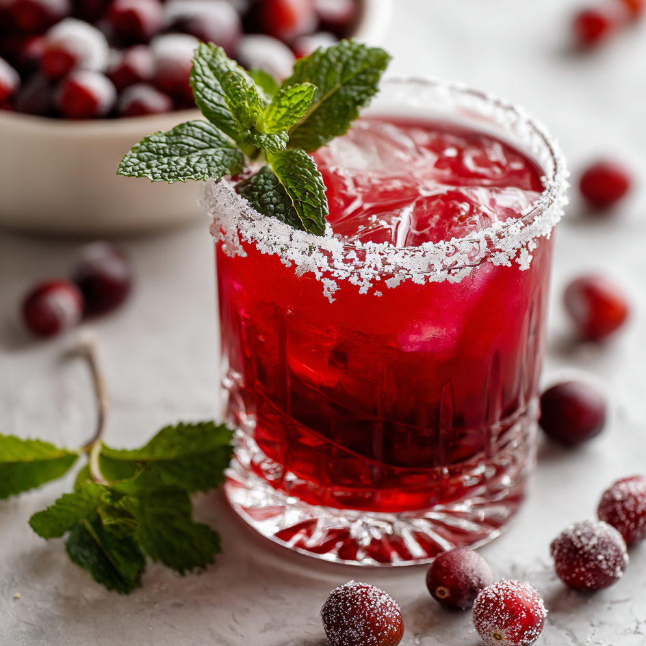 Glass of vibrant red homemade cranberry juice with fresh cranberries beside it.