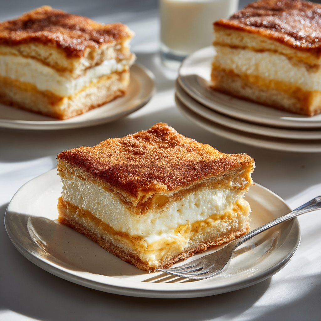 A layered Sopapilla Cheesecake Dessert made with a creamy cheesecake filling, crescent roll dough, cinnamon sugar, and honey drizzle.