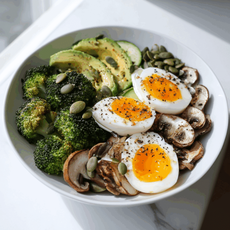 Colorful avocado veggie egg bowl with broccoli, mushrooms, and soft-boiled eggs in a white dish.