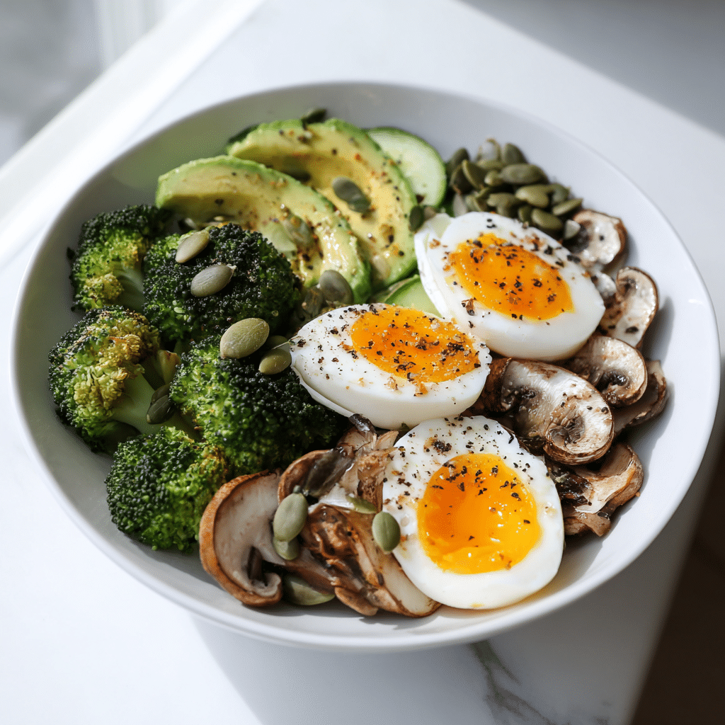 Colorful avocado veggie egg bowl with broccoli, mushrooms, and soft-boiled eggs in a white dish.