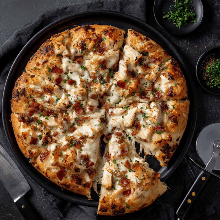 Close-up of freshly baked chicken bacon ranch pizza topped with melted mozzarella, crispy beef bacon, and creamy ranch sauce on a golden crust.