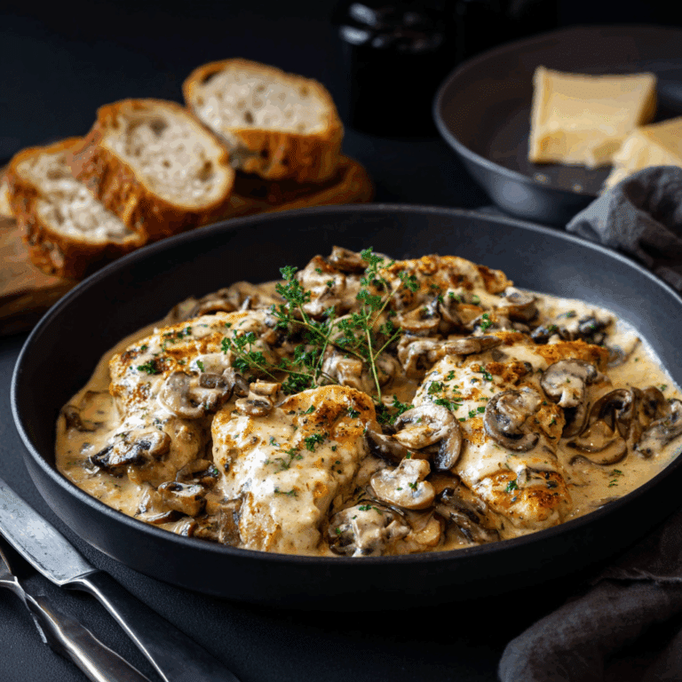 A creamy chicken and mushroom skillet dinner topped with rich Asiago mustard sauce, served in a rustic pan and garnished with fresh herbs — a cozy one-pan meal perfect for any night.