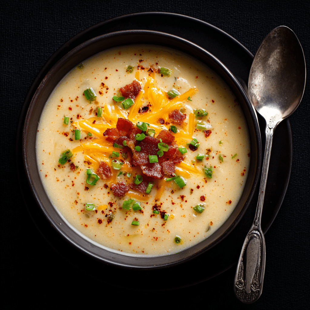 Bowl of creamy hash brown potato soup topped with cheese, bacon bits, and green onions.