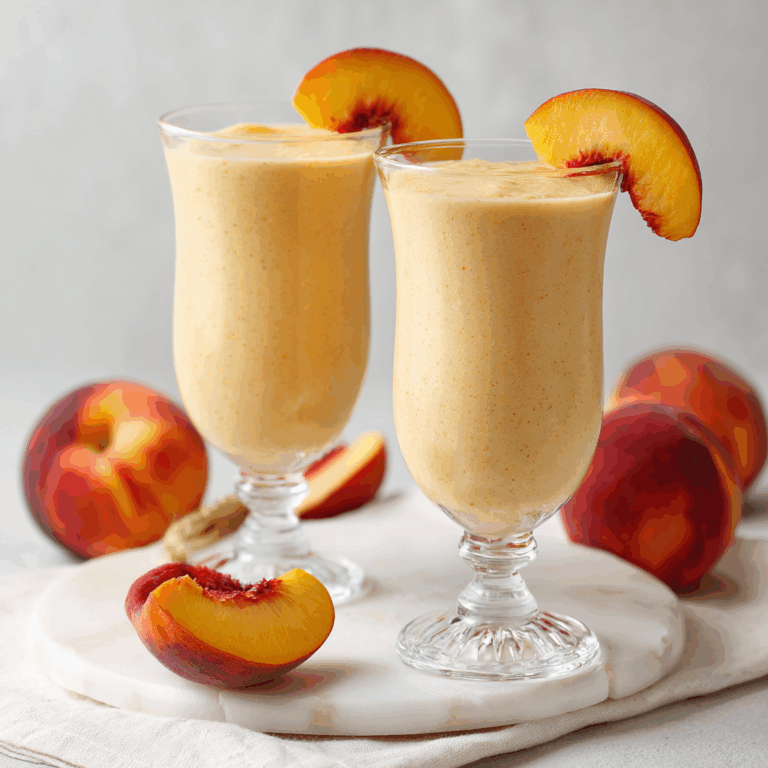 “A creamy peach smoothie in a glass topped with cinnamon and peach slices on a wooden table.”