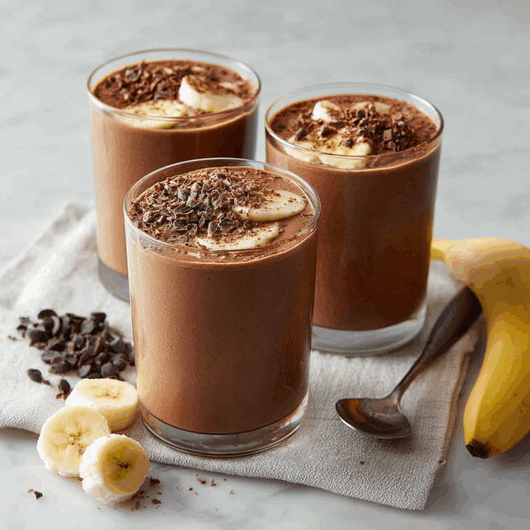 A tall glass of creamy peanut butter banana smoothie topped with a drizzle of peanut butter and cacao nibs.