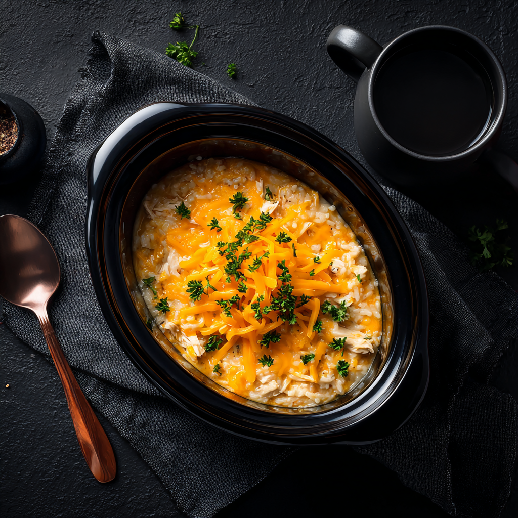 Main Meals 6 A slow cooker chicken and rice recipe made with tender chicken, fluffy rice, and savory seasonings for a comforting one-pot meal.