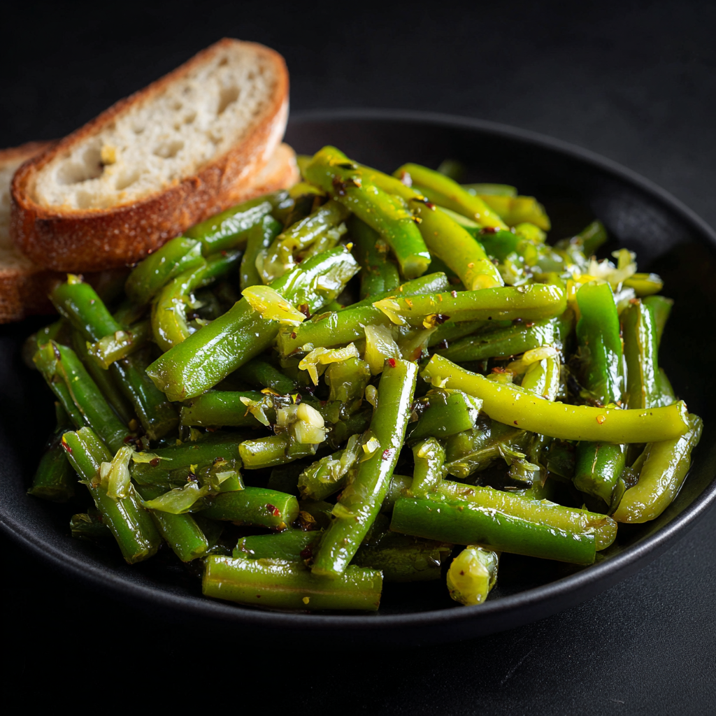 seasoned canned green beans sautéed with herbs, and spices, served with slices of crusty bread.