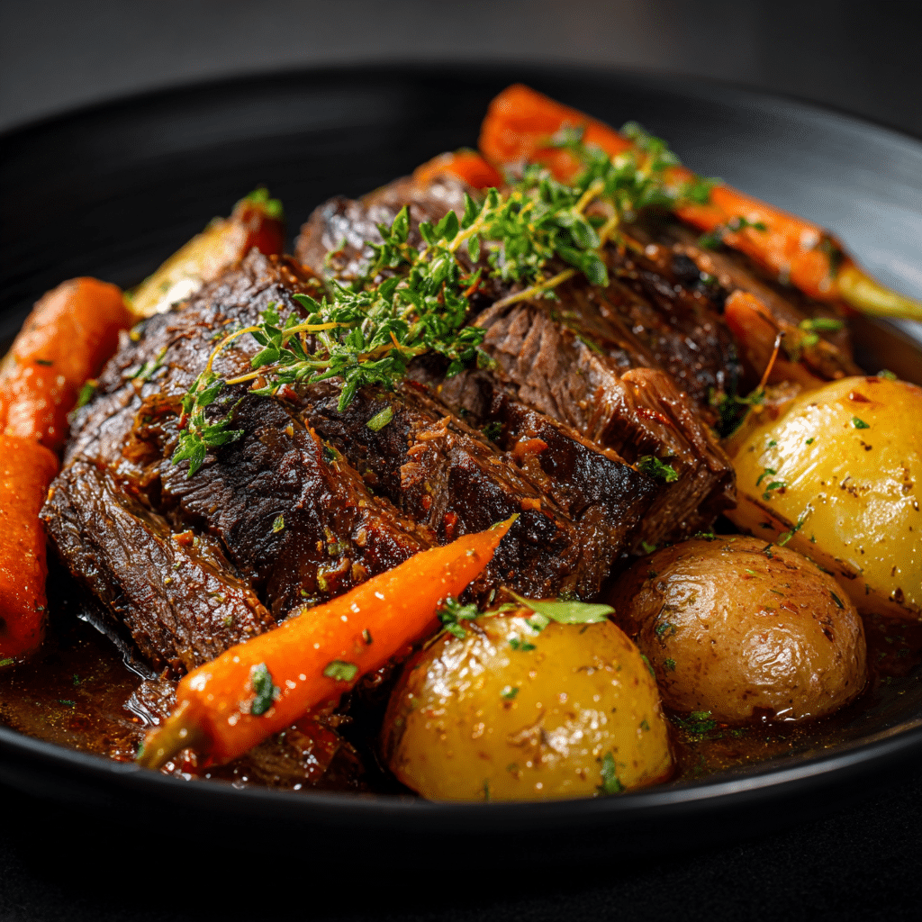 Slow-cooked sirloin tip roast with carrots and potatoes in a rich brown gravy.