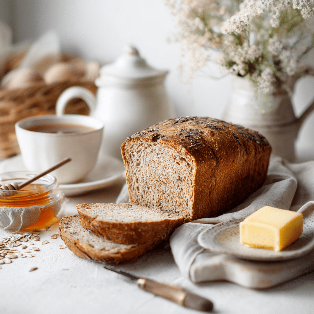 Sliced Ezekiel bread on a wooden board with a side of butter and honey.
