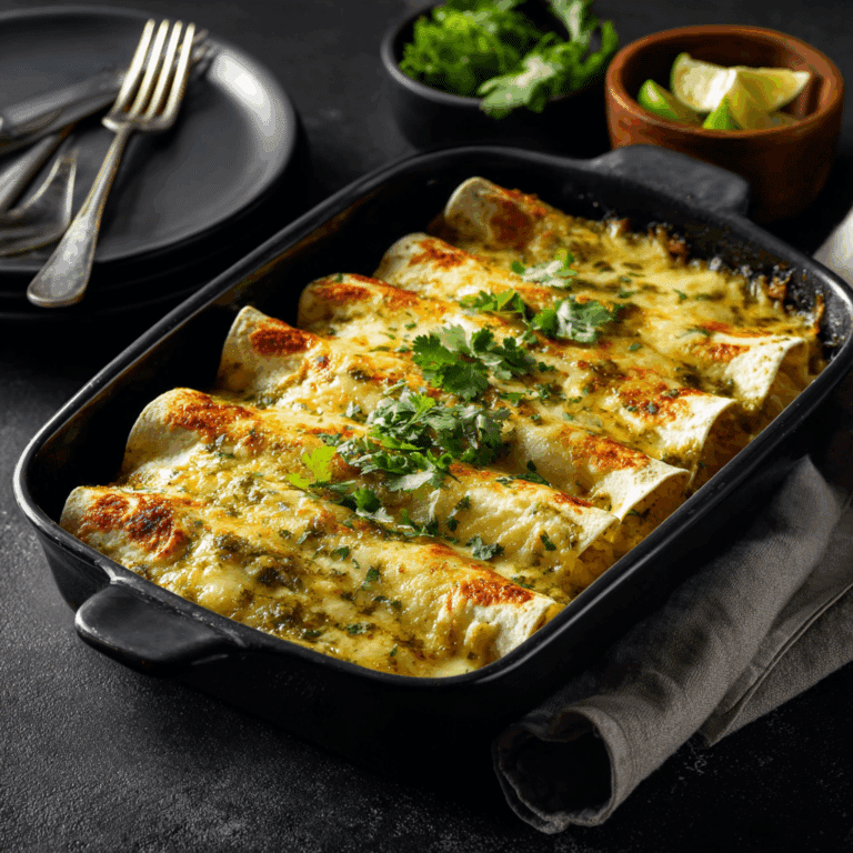 Baking dish filled with creamy Green Chile Chicken Enchiladas topped with melted cheese and fresh cilantro.