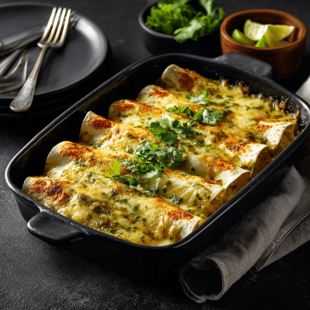 Baking dish filled with creamy Green Chile Chicken Enchiladas topped with melted cheese and fresh cilantro.