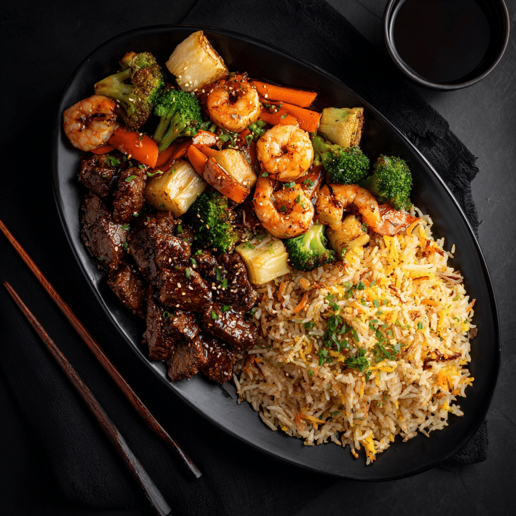 A sizzling plate of hibachi steak and shrimp served with fried rice and colorful vegetables, topped with sesame seeds and yum yum sauce.