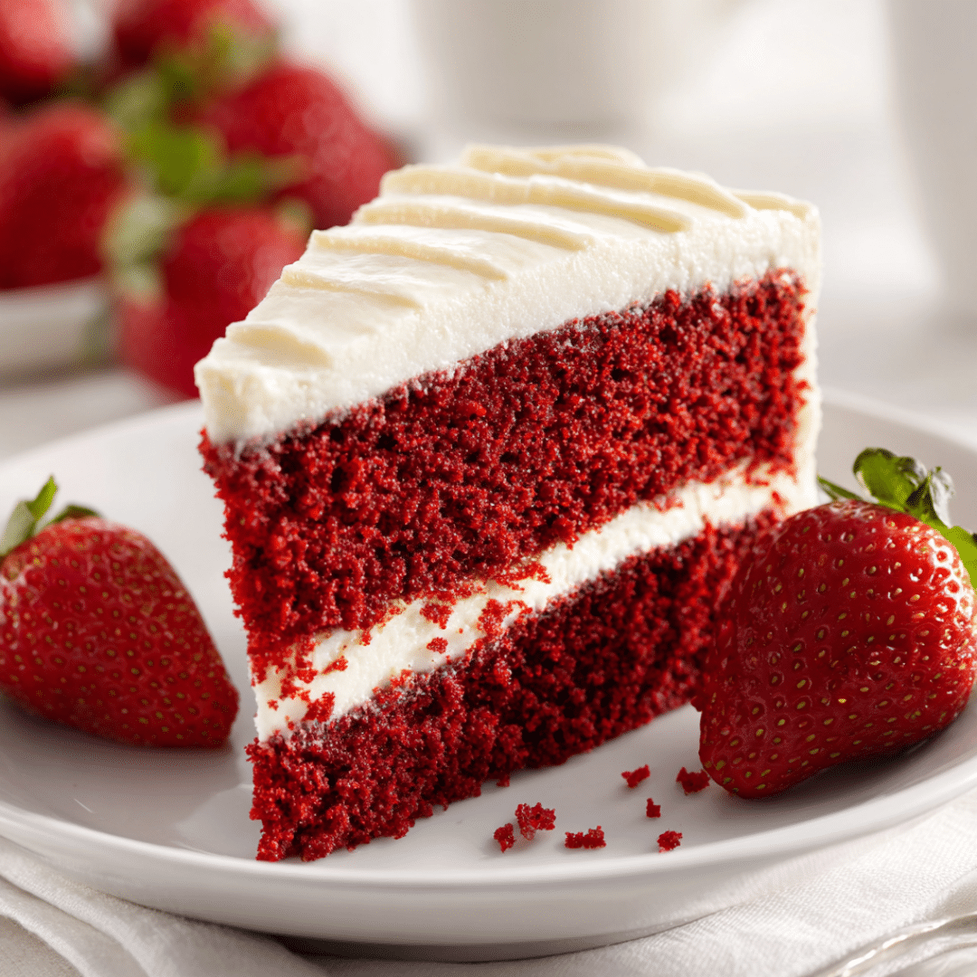A slice of homemade red velvet cake layered with creamy frosting on a white plate, showing its rich red color and soft texture.