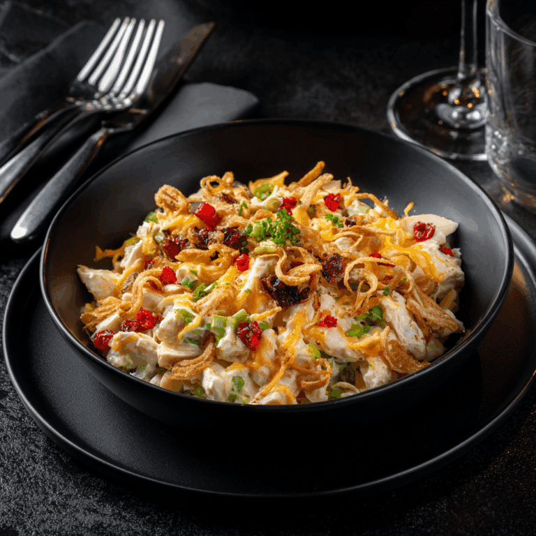 “Baked hot chicken salad casserole topped with crispy French fried onions in a black dish.”