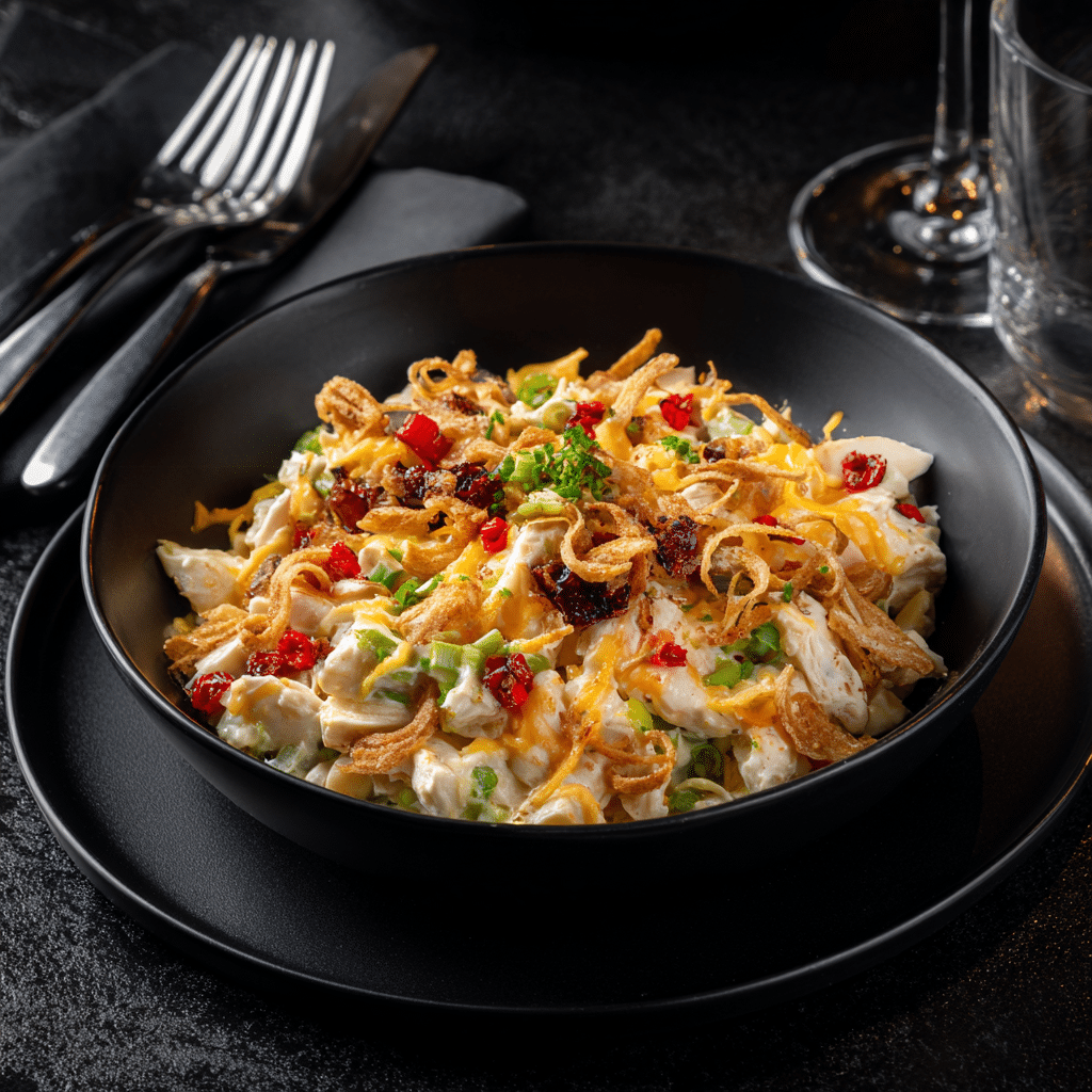 “Baked hot chicken salad casserole topped with crispy French fried onions in a black dish.”