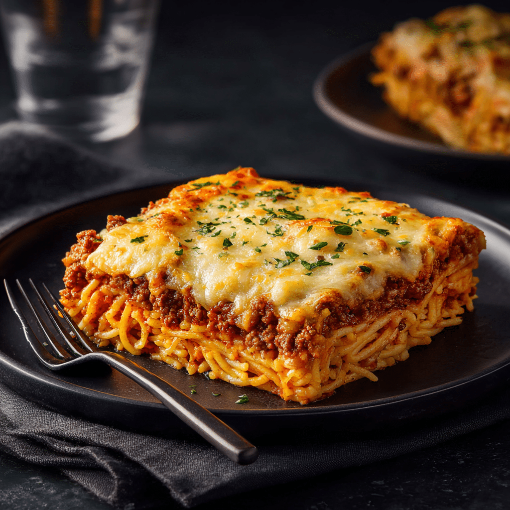 A baked spaghetti casserole with layers of cheese, meat sauce, and noodles, topped with golden melted cheese.