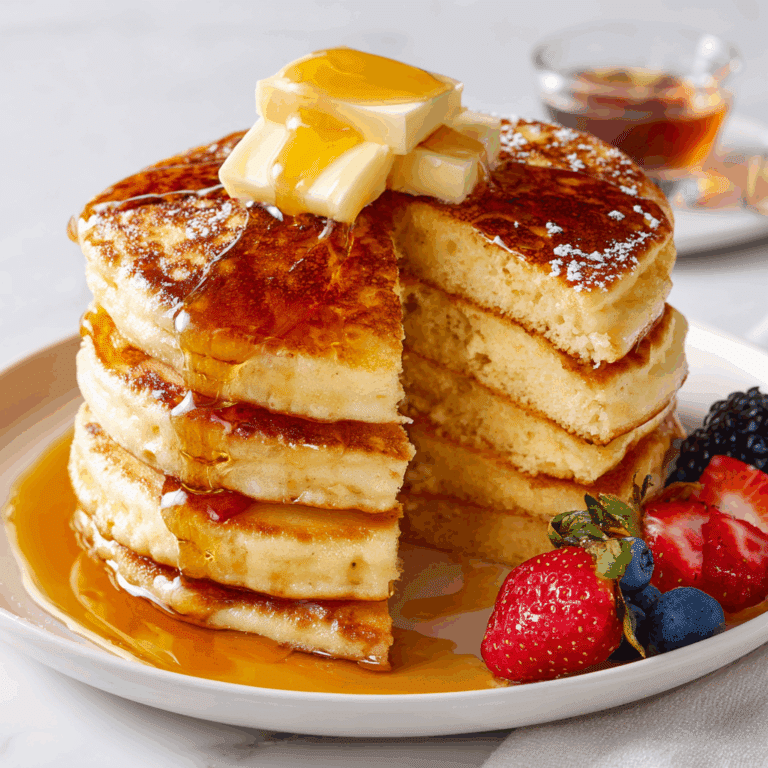 A tall stack of light and fluffy Kodiak pancakes topped with butter and maple syrup.