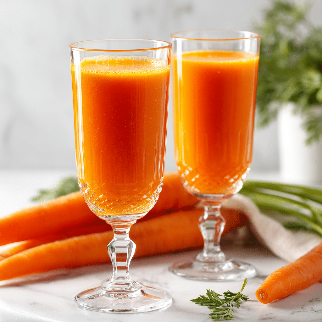 Fresh homemade carrot juice drink made with carrots, orange juice, and honey, served in a glass with a bright orange color and smooth texture.