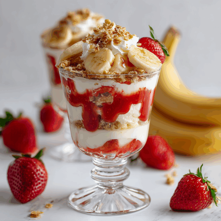 A creamy layered strawberry cheesecake banana pudding dessert topped with fresh strawberries, bananas, and whipped cream.