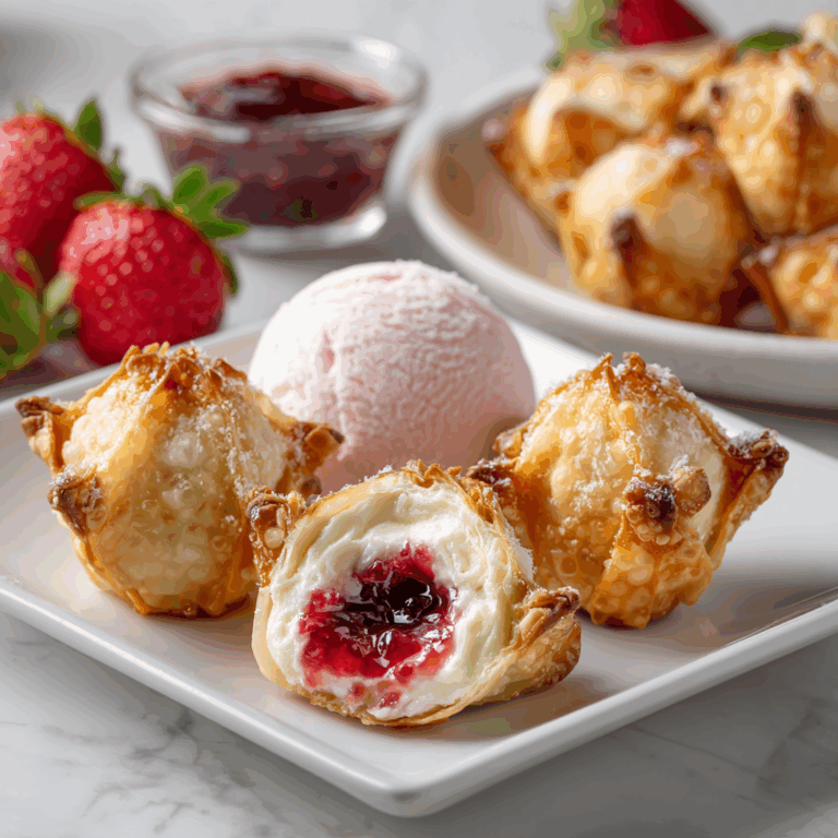 Golden-fried strawberry cheesecake wontons topped with fresh strawberry sauce and a dusting of powdered sugar on a white plate.