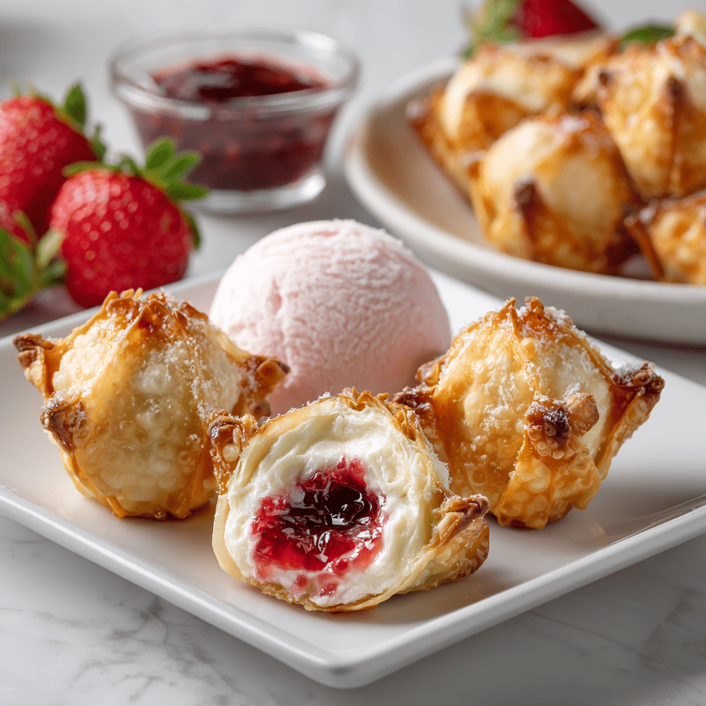 Golden-fried strawberry cheesecake wontons topped with fresh strawberry sauce and a dusting of powdered sugar on a white plate.