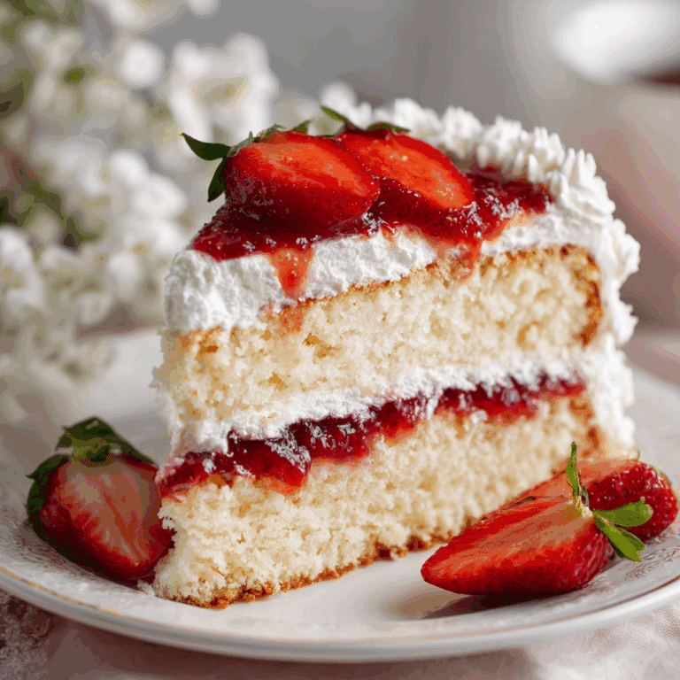 A slice of homemade vanilla cake with fresh strawberry filling and whipped cream frosting.