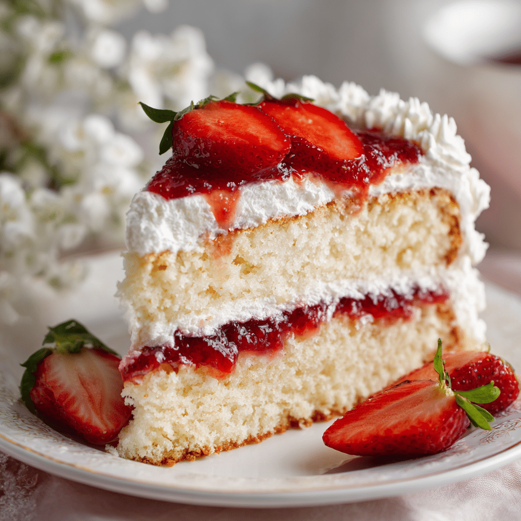 A slice of homemade vanilla cake with fresh strawberry filling and whipped cream frosting.