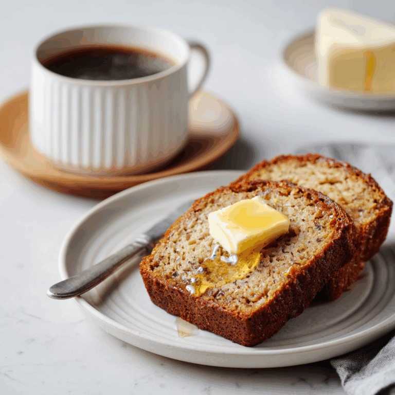 Freshly baked banana bread topped with crunchy walnuts, sliced and served on a wooden board beside a cup of coffee.
