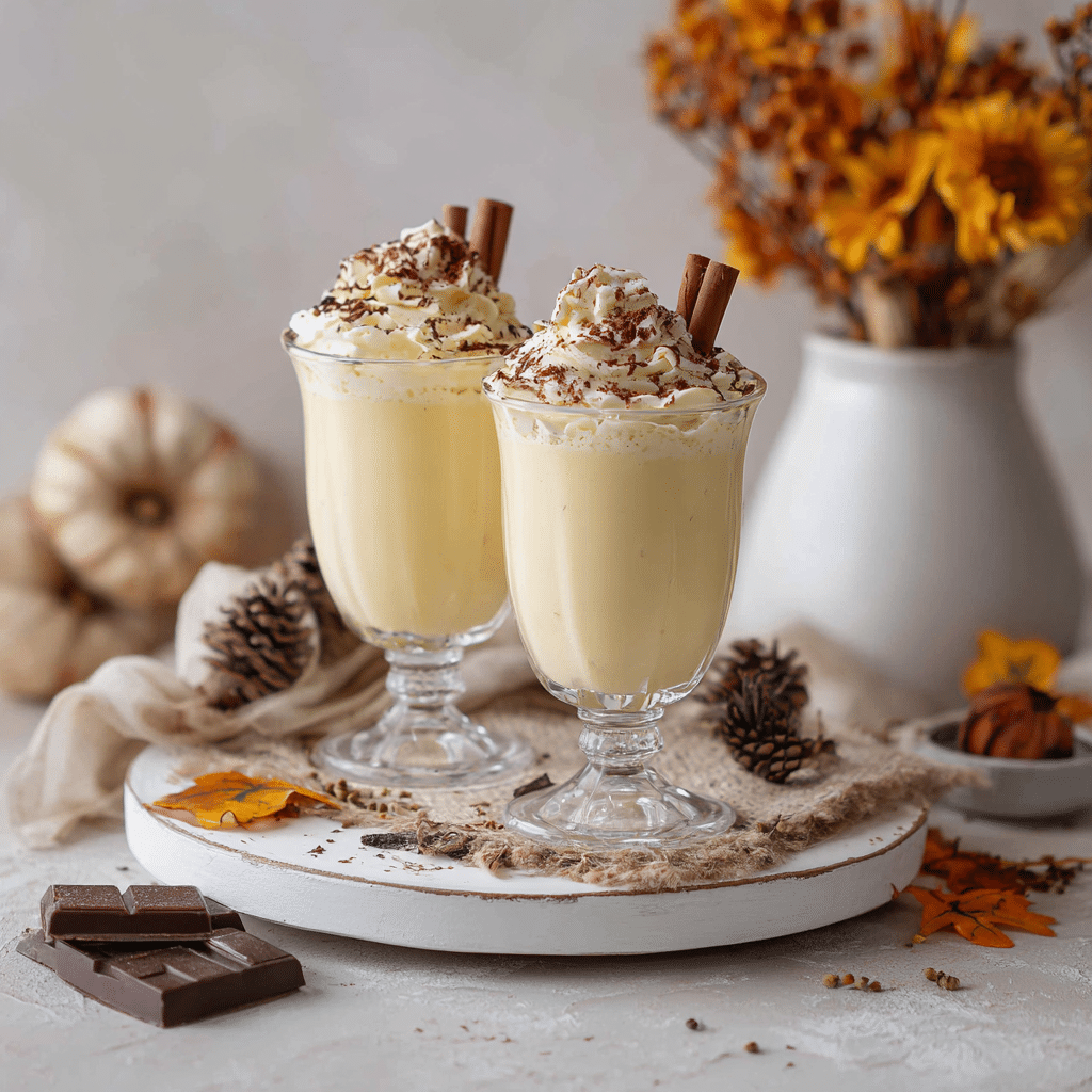 A glass of creamy eggnog milkshake topped with whipped cream, nutmeg, and a cookie straw, served on a festive table.