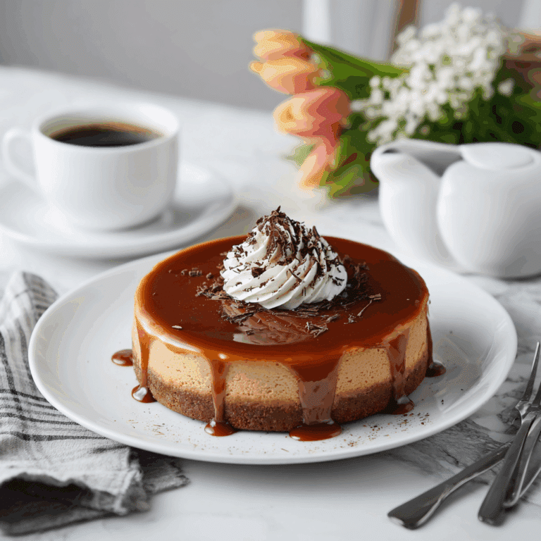 A rich caramel chocolate coffee cheesecake topped with whipped cream and caramel drizzle.