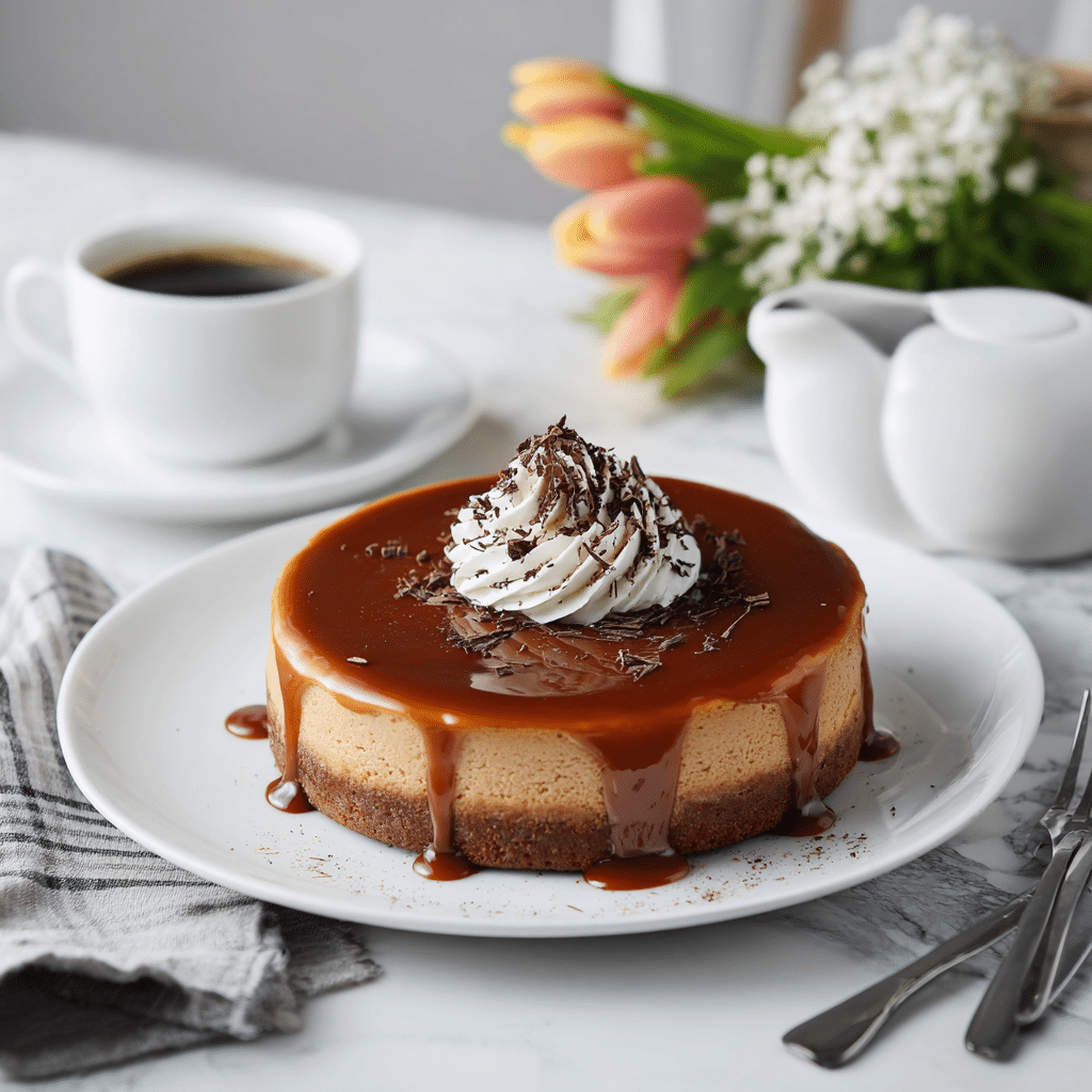 A rich caramel chocolate coffee cheesecake topped with whipped cream and caramel drizzle.