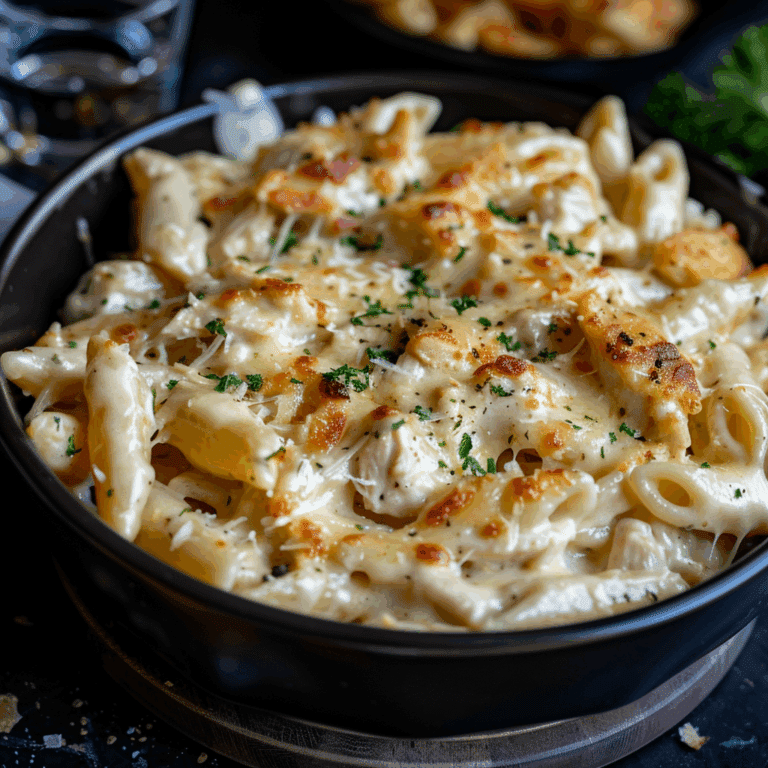 A skillet of creamy cheesy chicken pasta coated in a rich cheese sauce, with tender shredded chicken and golden pasta shells.