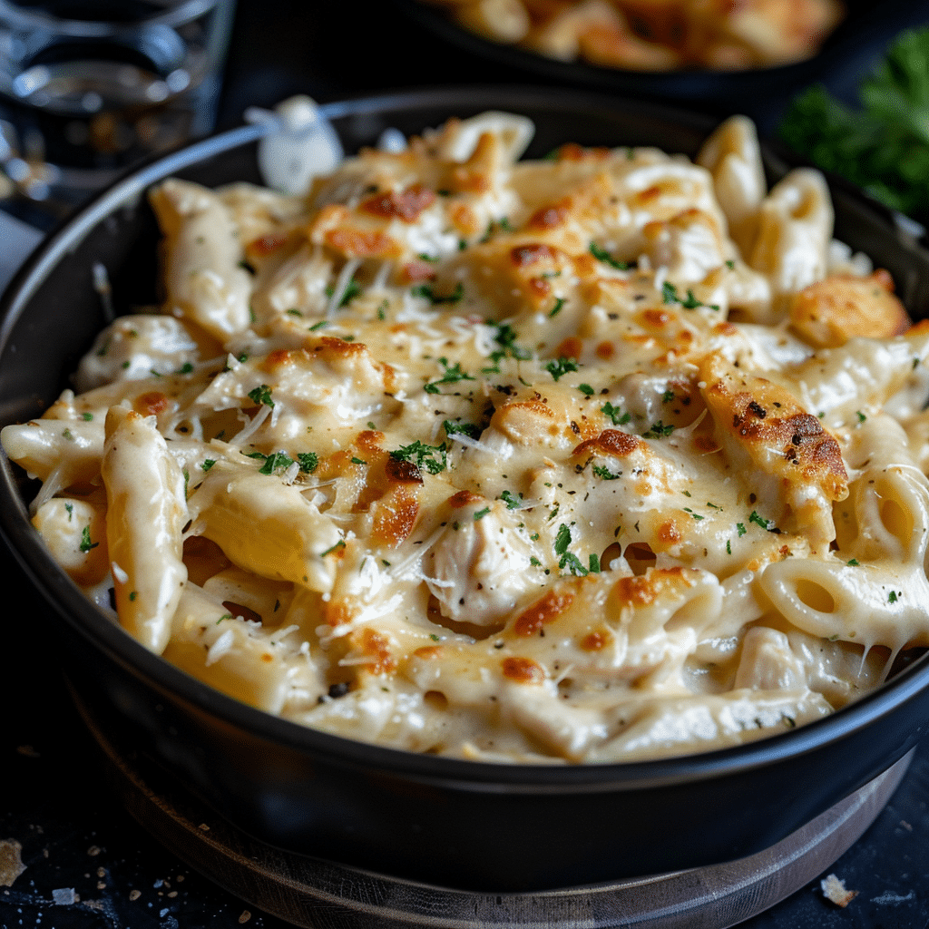 A skillet of creamy cheesy chicken pasta coated in a rich cheese sauce, with tender shredded chicken and golden pasta shells.