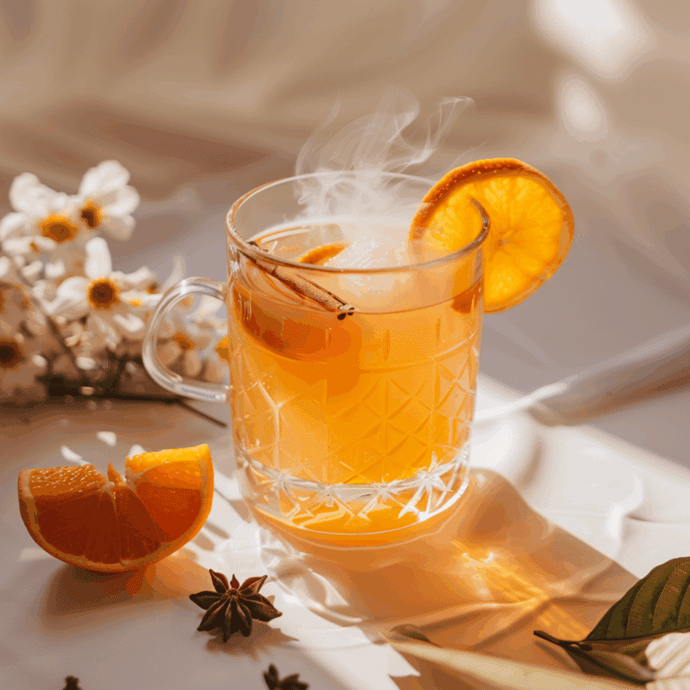 A warm orange and cinnamon mocktail served in a glass mug, garnished with an orange slice and cinnamon stick, with steam rising from the drink.