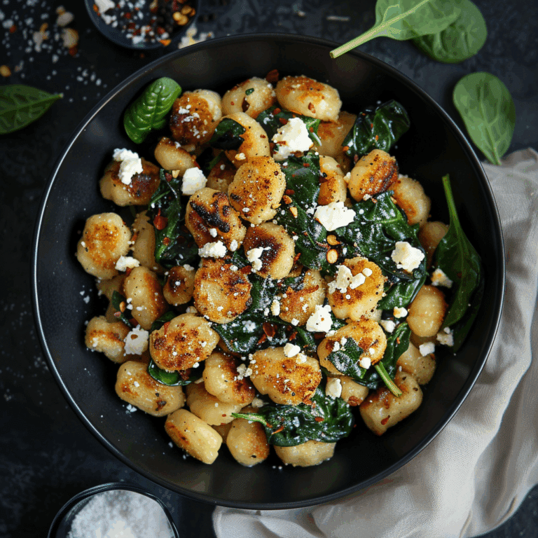 A plate of crispy golden gnocchi mixed with wilted spinach and topped with crumbled feta cheese.