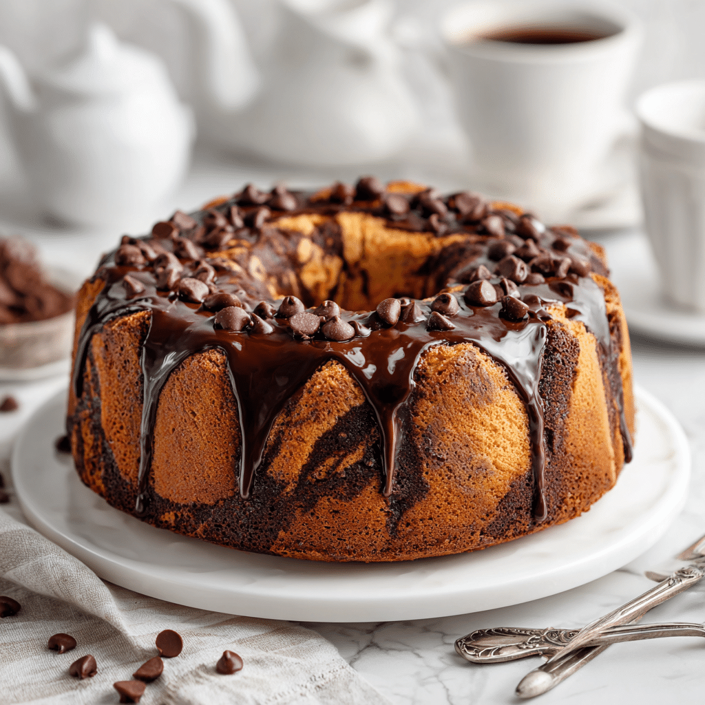 A slice of Double Chocolate Ricotta Marble Cake showing rich cocoa and creamy ricotta swirls on a white plate.