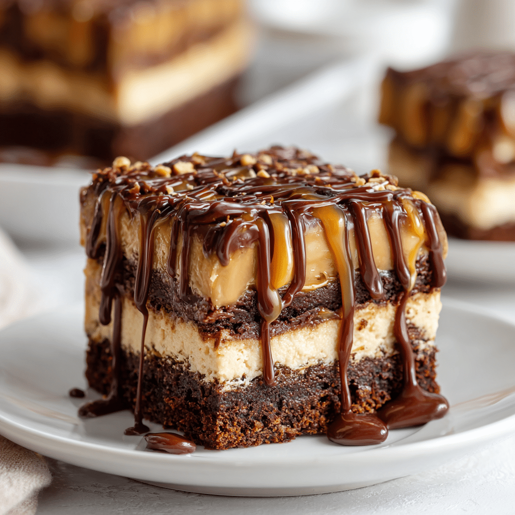 A rich Mocha Brownie Ice Cream Cake slice showing layers of brownie, mocha ice cream, crushed cookies, and whipped cream topping.