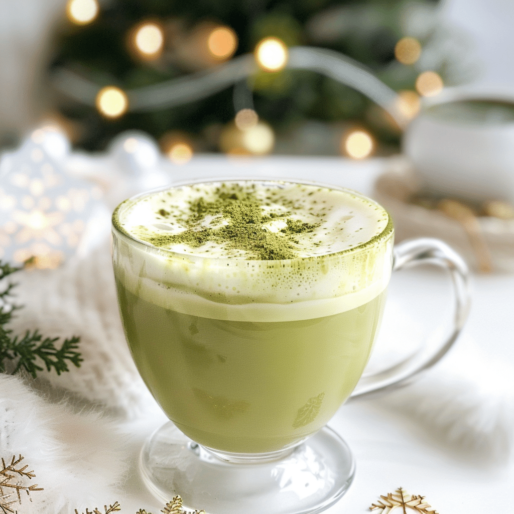 A glass of vibrant green matcha latte topped with frothy milk foam, sitting on a wooden tray with a bamboo whisk and green tea powder beside it.