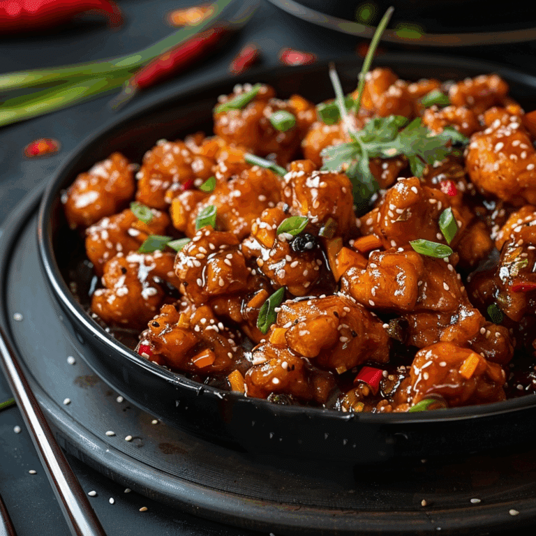 A plate of General Tso chicken served over white rice, featuring crispy chicken pieces coated in a glossy sweet-spicy sauce and garnished with green onions.