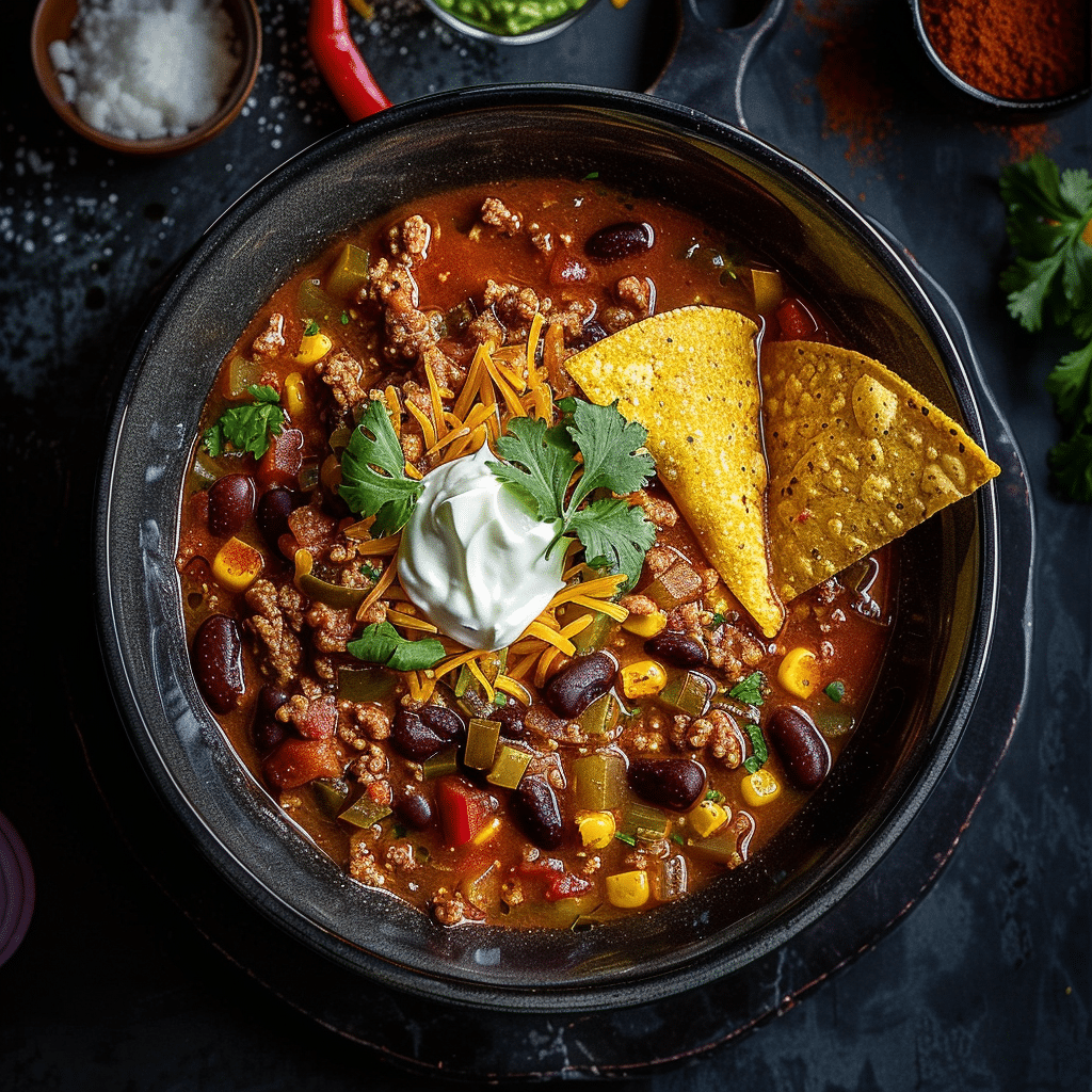 A bowl of hearty taco soup filled with beans, corn, tomatoes, and seasoned ground beef, topped with avocado, cilantro, and tortilla chips.