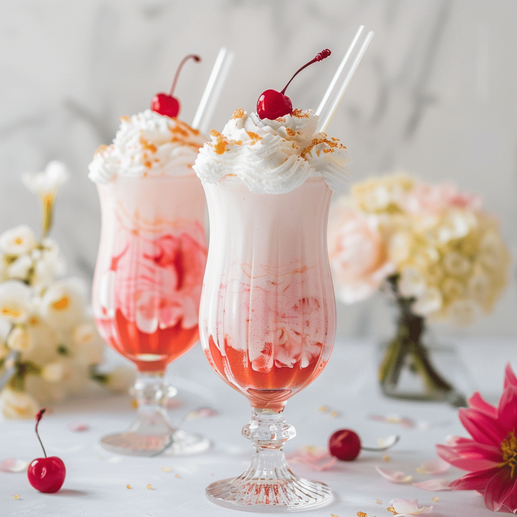Glass of Italian cream soda with pink syrup, sparkling bubbles, and creamy swirls, topped with whipped cream and a fresh raspberry.