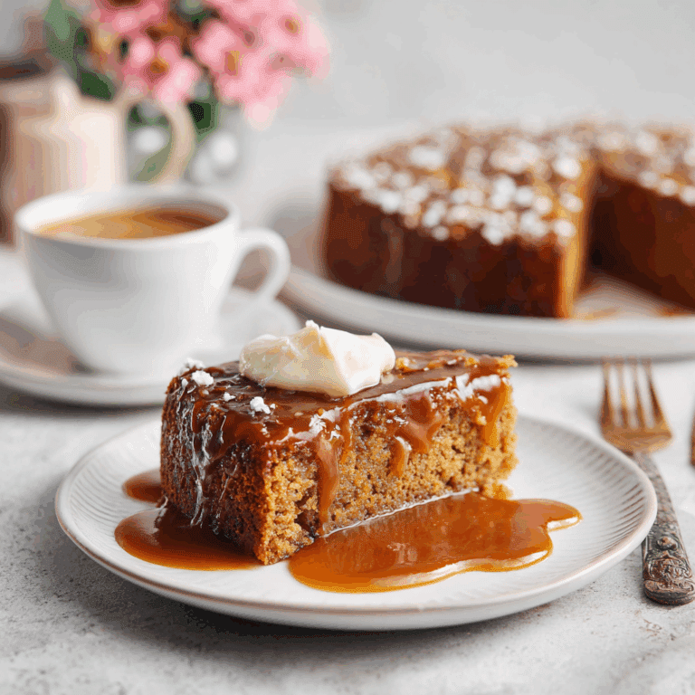 A slice of keto toffee pudding cake topped with golden sugar-free toffee sauce and whipped cream on a white plate.