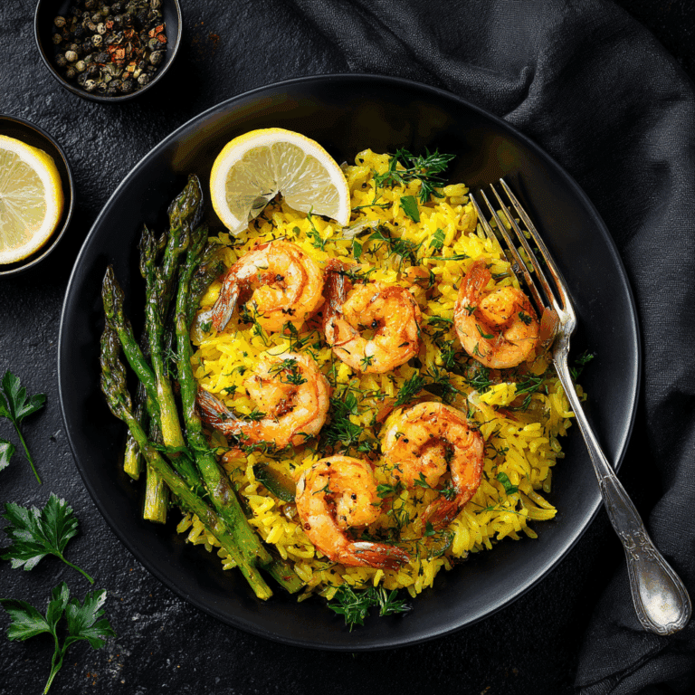 A golden saffron shrimp and rice dish in a skillet, garnished with parsley and lemon slices — vibrant, aromatic, and perfectly cooked.