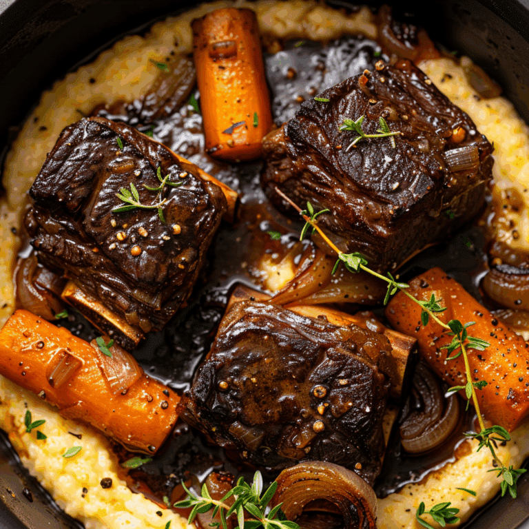 A plate of slow-braised beef brisket served over creamy herb grits with broth and fresh herbs.