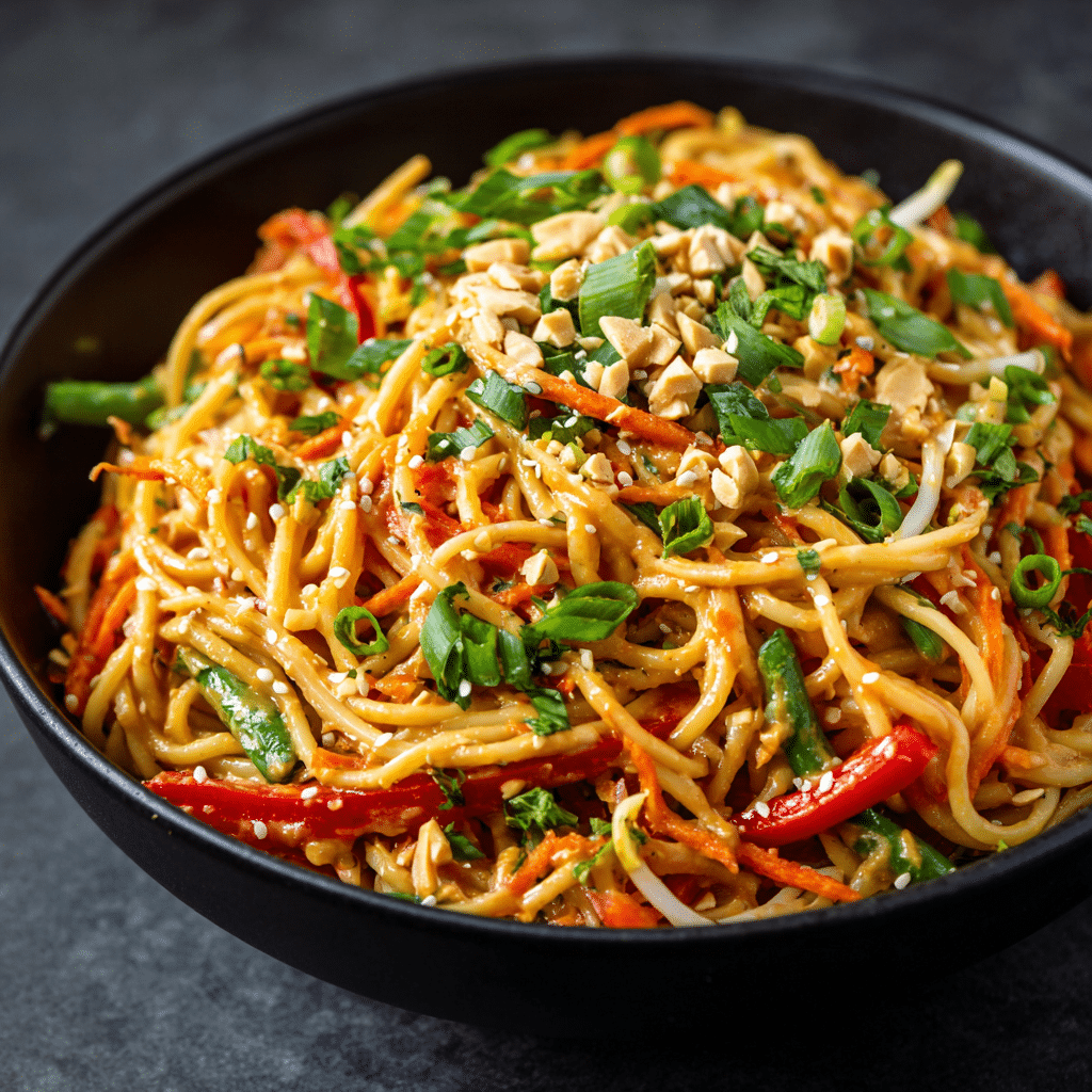 A colorful bowl of Spicy Peanut Noodle Salad with noodles, bell peppers, carrots, and sesame peanut dressing, garnished with green onions and sesame seeds.