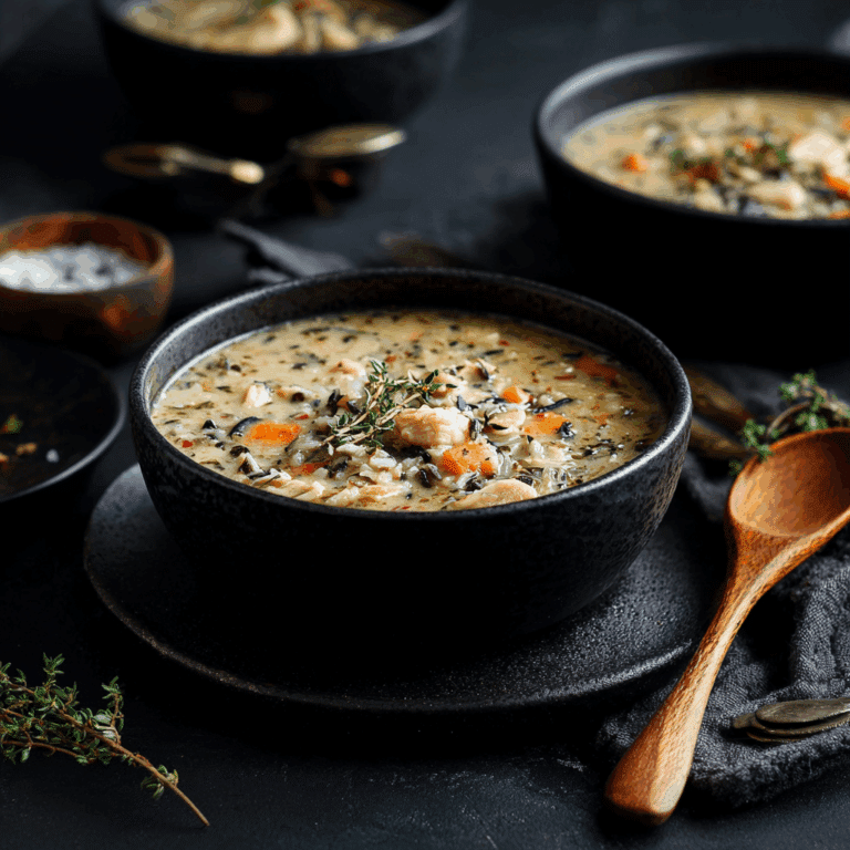 A warm bowl of turkey and wild rice soup filled with tender turkey pieces, colorful vegetables, and hearty wild rice in a comforting broth.